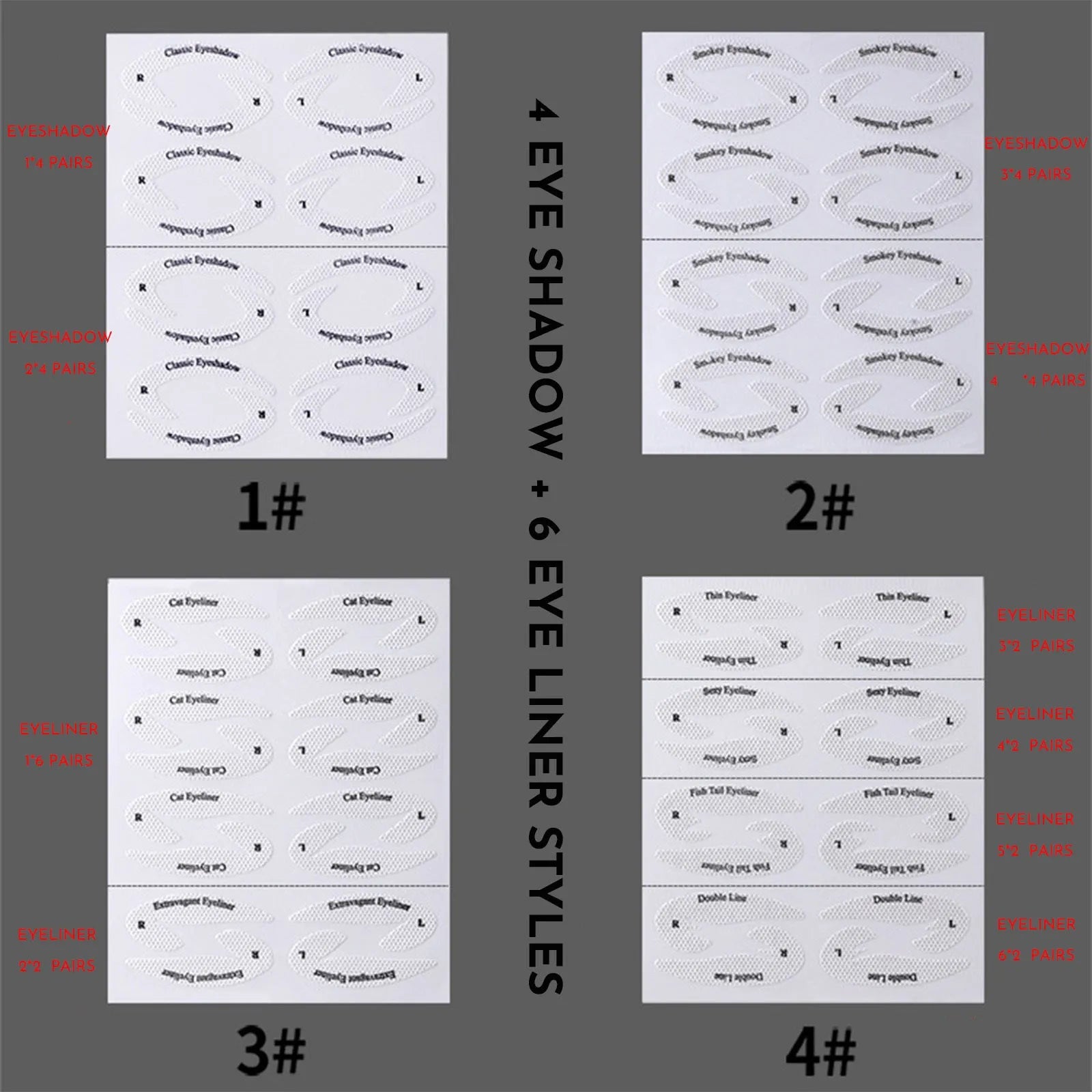 Set of four reusable flexible eyeliner sticker templates for creating winged and cat-eye makeup looks.