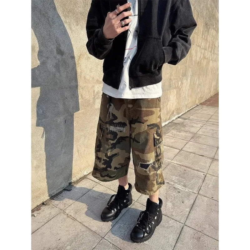 Men's camouflage cropped jeans with retro patch and ripped detailing in straight-leg loose fit