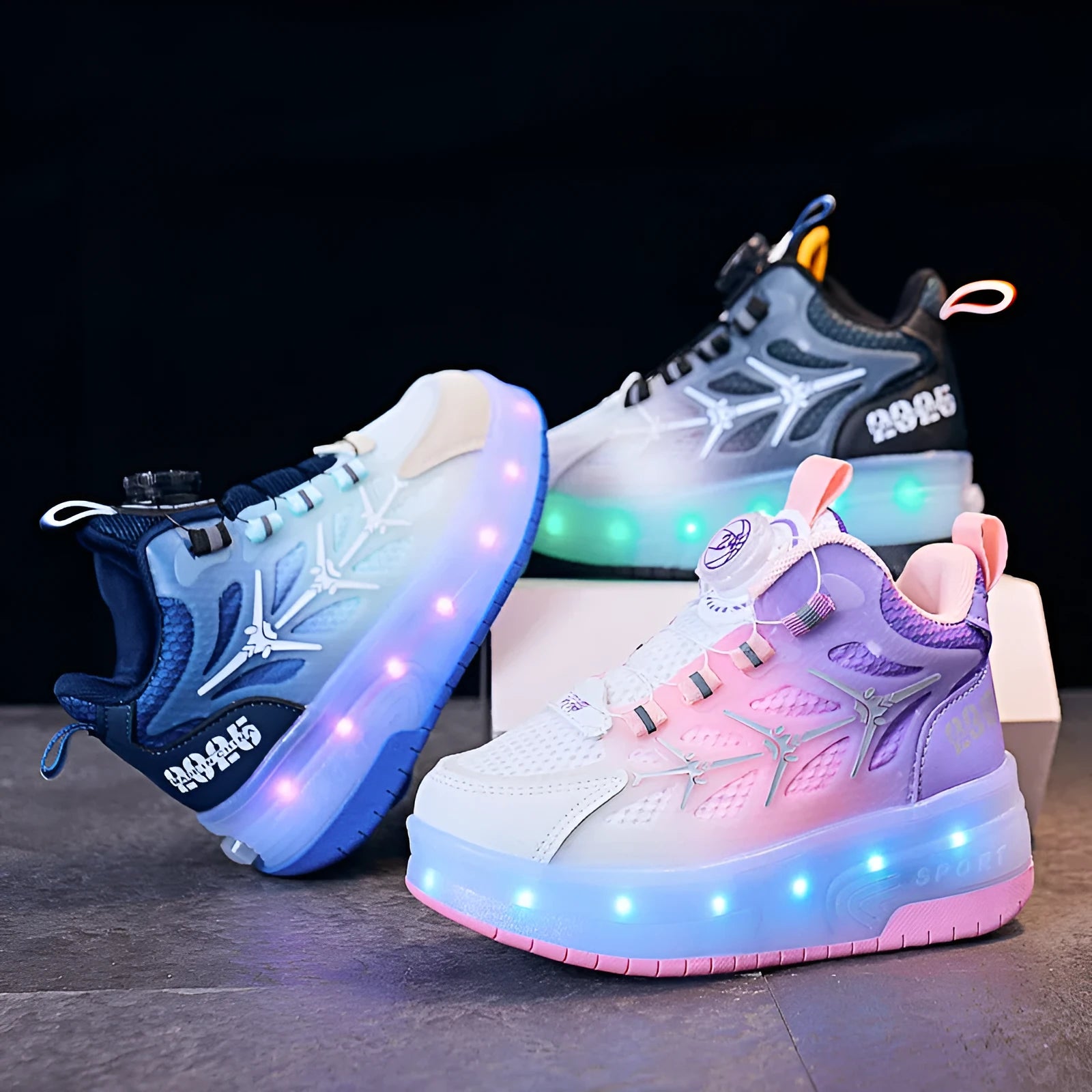 Children's striped roller skating shoes with twist-button adjustment in black, blue, or pink options