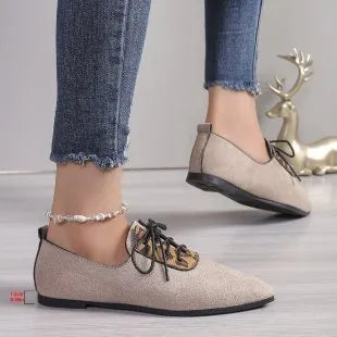 Women's beige leopard print pointed toe pumps in plus sizes 36-43 with artificial PU upper and rubber sole.