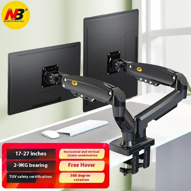 Gun black aluminium alloy dual computer monitor desk mount holding two screens