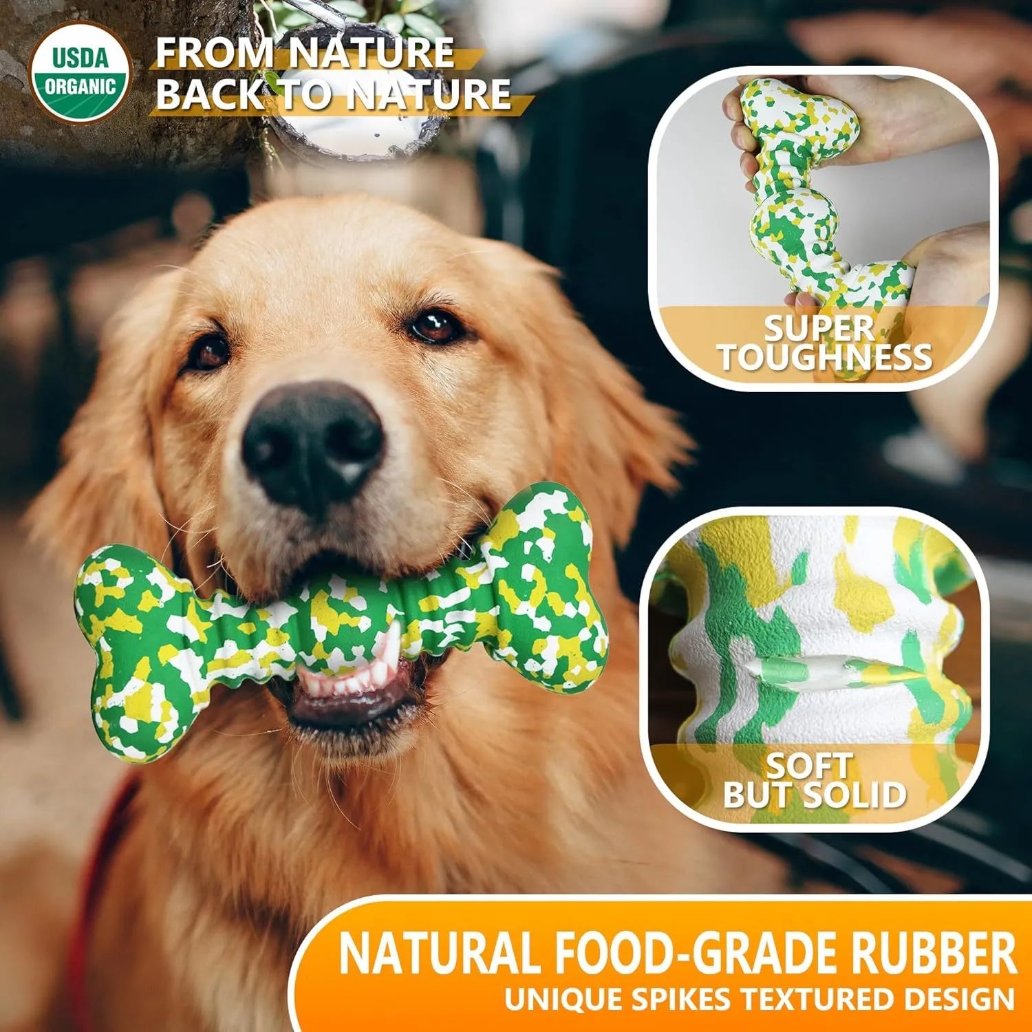 Natural rubber dog chew toy in camouflage colours for medium and large aggressive chewers