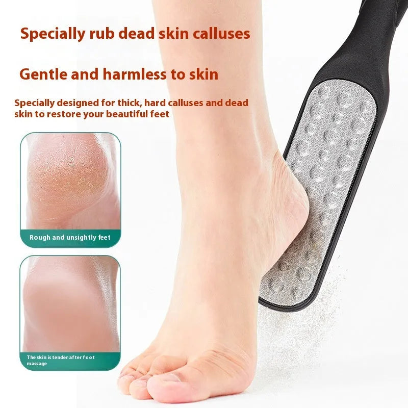 Stainless steel foot grinder tool with white and black double-sided abrasive files for callus removal.