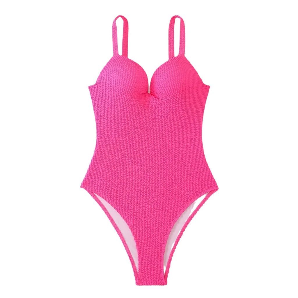 Women's black one-piece swimsuit with sunken stripe pattern, sleeveless design