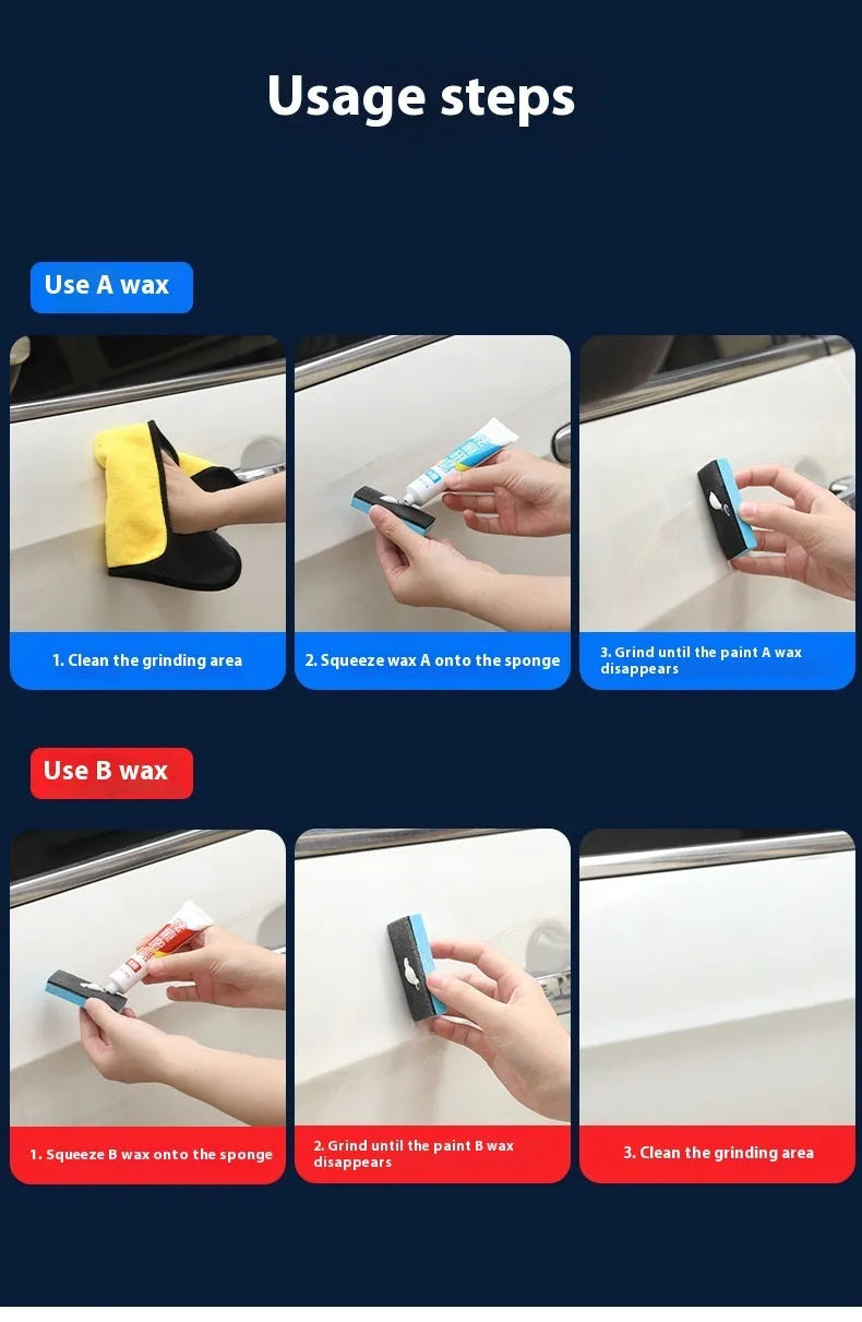 Car repair wax kit containing A and B compounds with frosted sponge mop for scratch removal and paint polishing