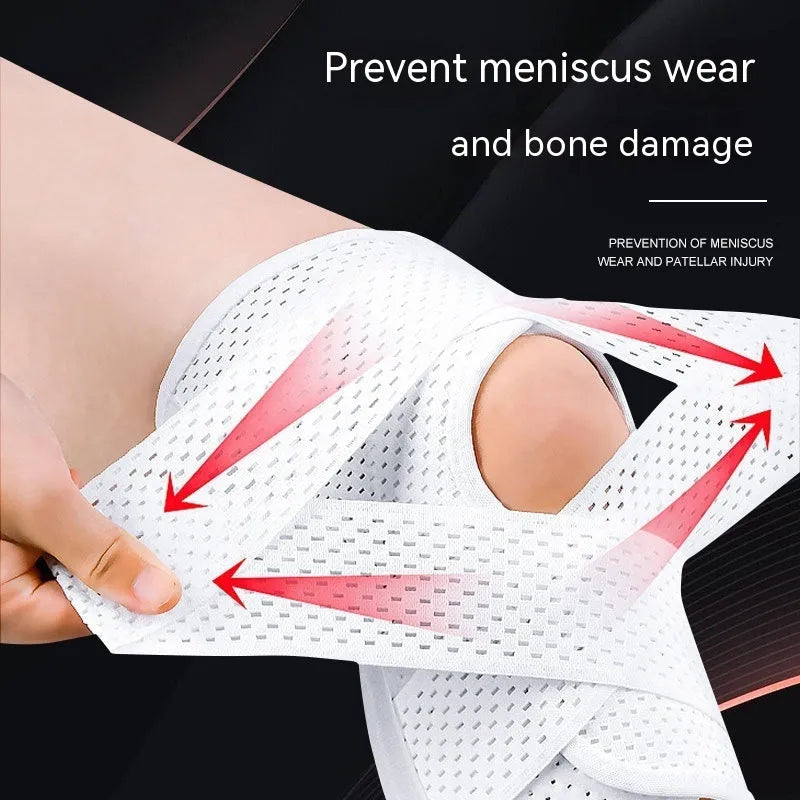 Black mesh fabric knee support sleeve for meniscus and patellar injury recovery.
