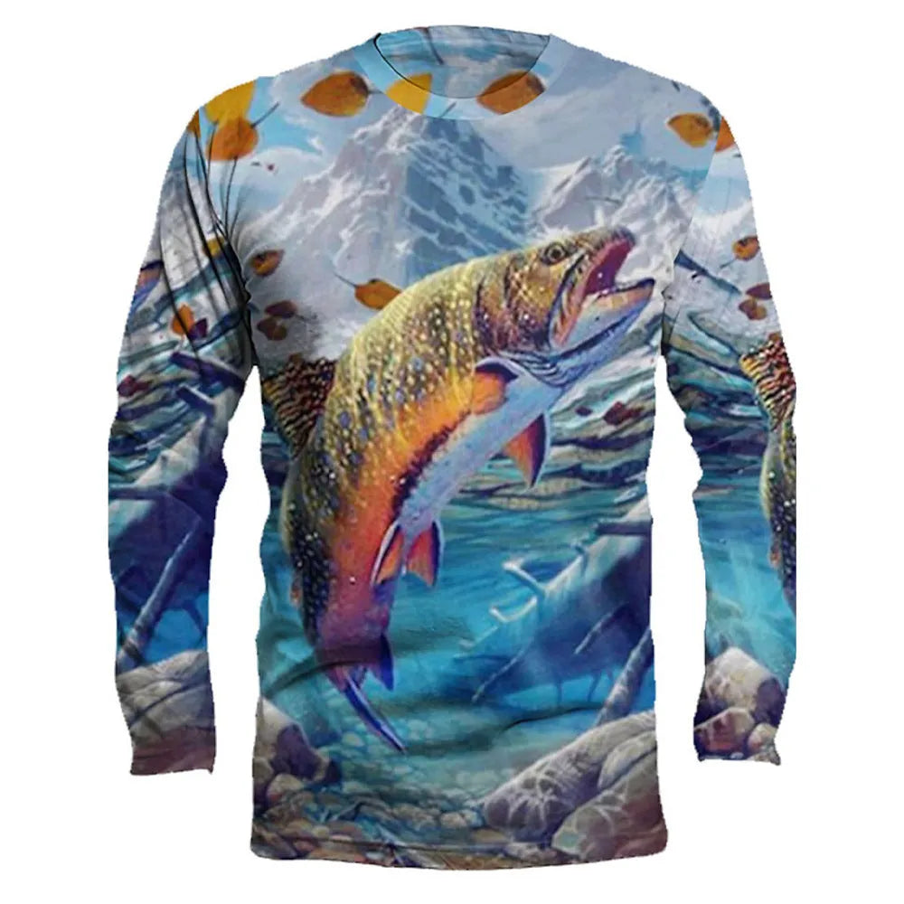 Man wearing a long-sleeved milk silk pullover with a blue and white fish print design.