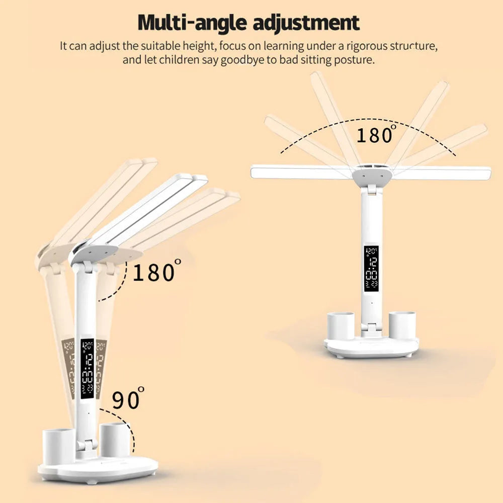White LED desk lamp with built-in calendar and pen holder, touch control, USB powered, on a modern desk