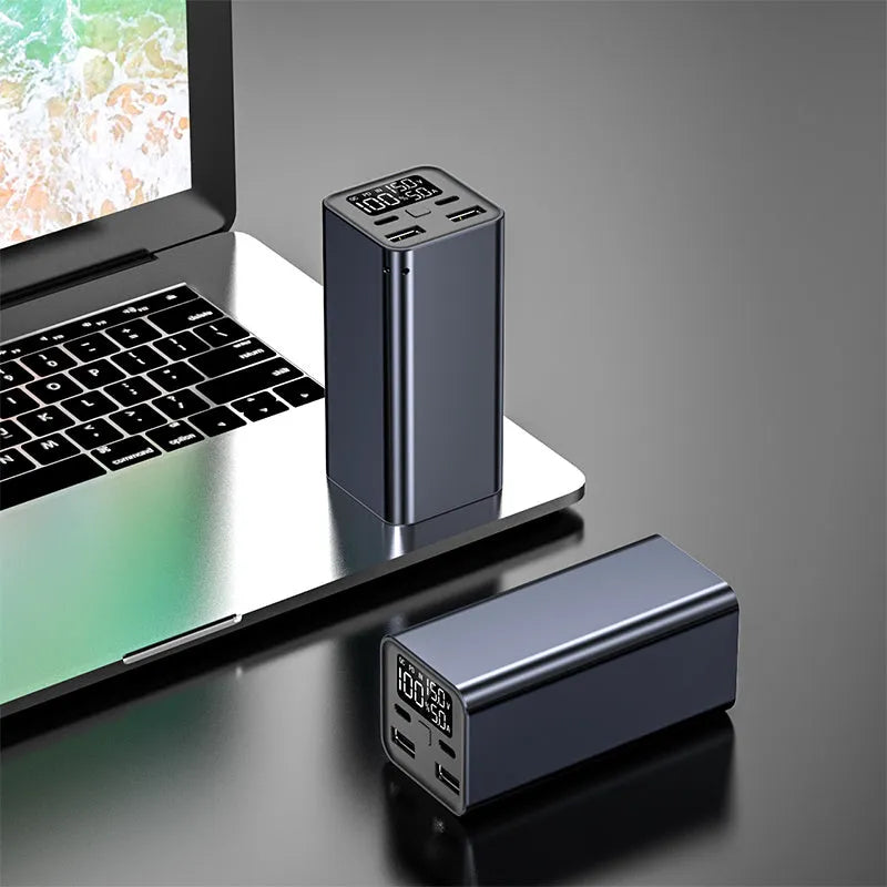 65W 20000mAh metal laptop charging bank in black showing dimensions and USB ports
