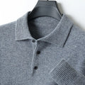 Men's polo collar woolen pullover sweater in noble blue with long sleeves and textured stitching