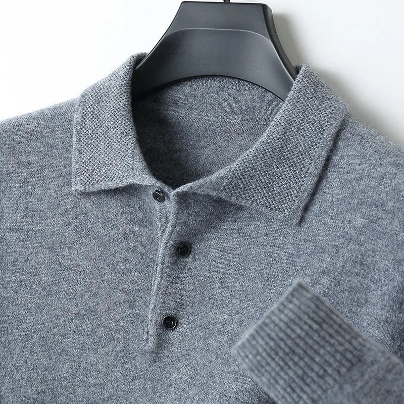 Men's polo collar woolen pullover sweater in noble blue with long sleeves and textured stitching