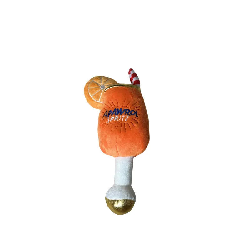 Yellow plush beer bottle cup dog toy with squeaker and teeth cleaning feature