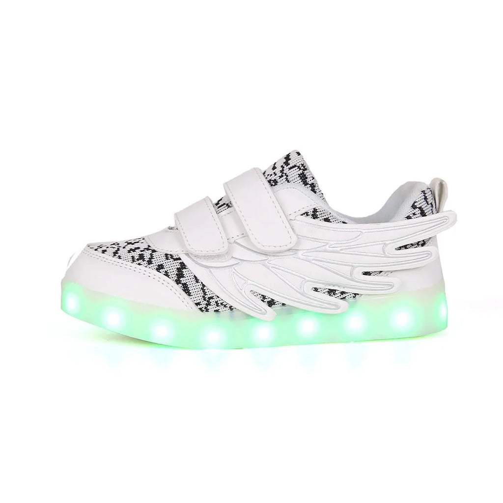 Children's plum red and white LED light up sneakers with USB charging port and colourful illuminated soles