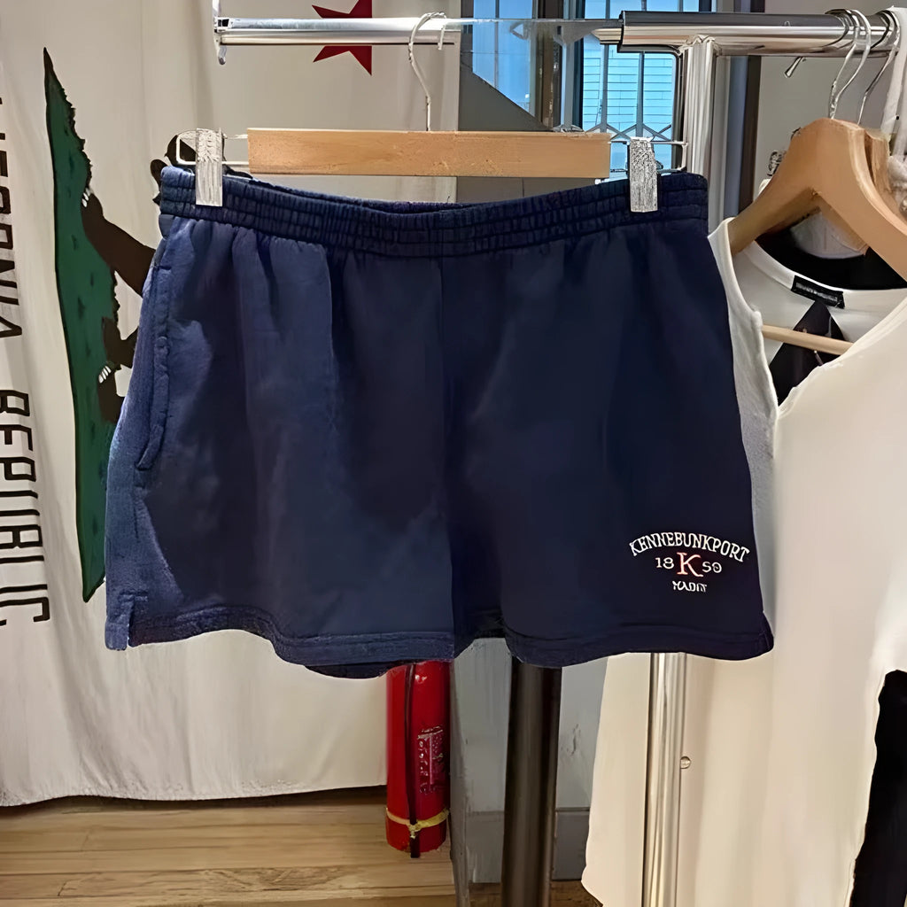 Women's dark blue cotton hot pants with white flag embroidery athletic shorts