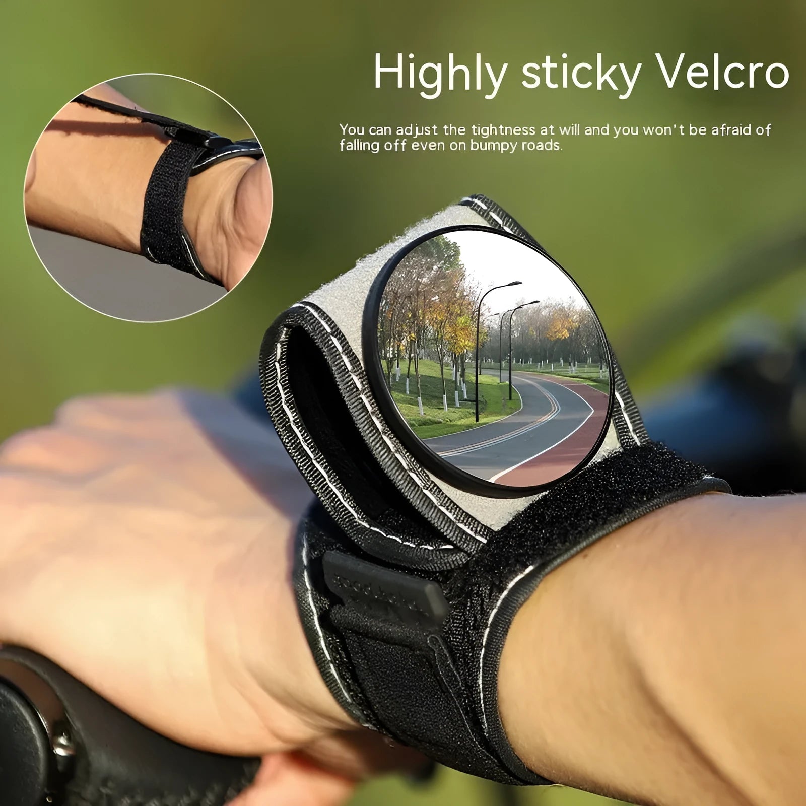 Black nylon bicycle handlebar rear-view mirror with adjustable clamp mechanism