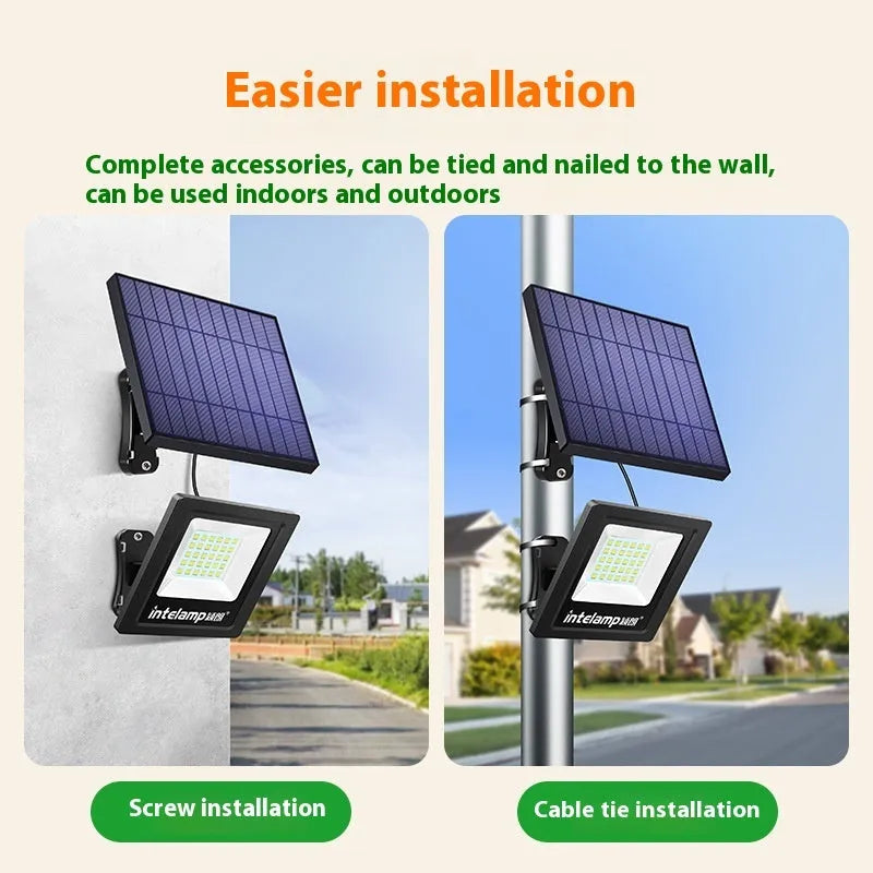 Outdoor waterproof solar LED garden light with IP65 rating shown in a courtyard setting.