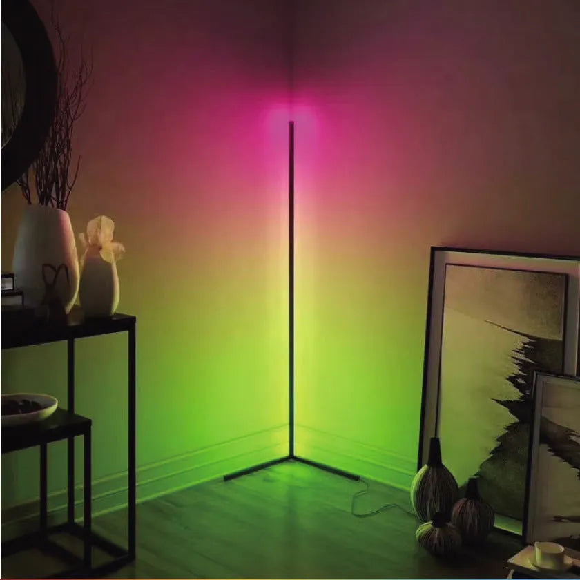 Black aluminium alloy smart floor lamp with silicone shade and remote control for RGBW lighting