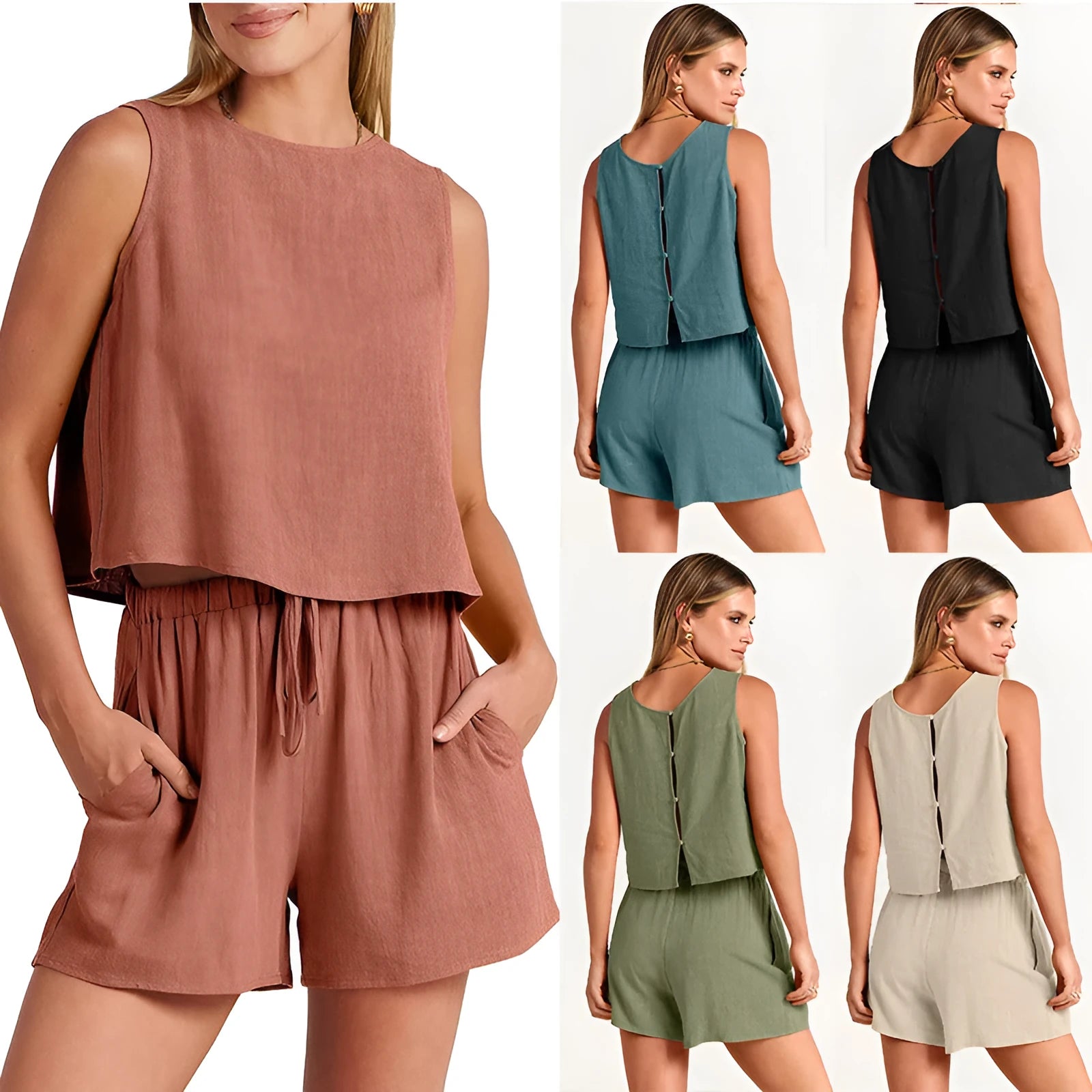 Women's rayon linen summer 2-piece set showing sleeveless top and drawstring shorts