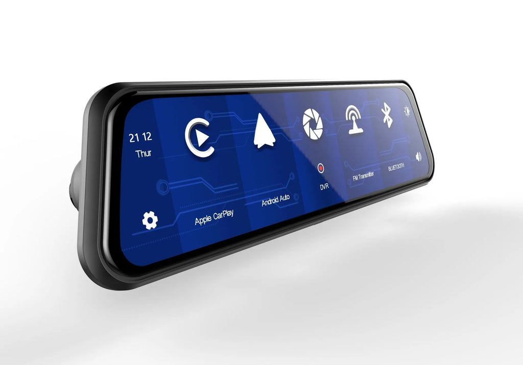 Black dual-lens car dash cam with a large touchscreen mounted on a rearview mirror