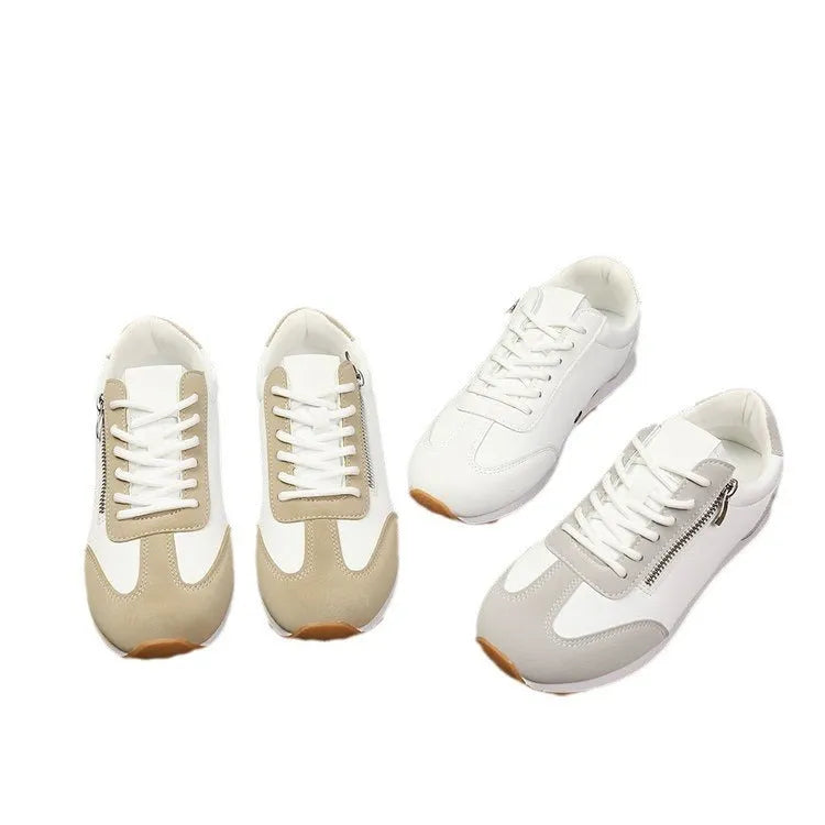 Women's flat-heeled shoes in artificial PU, shown in grey, white, and Champagne colours on a rubber sole.