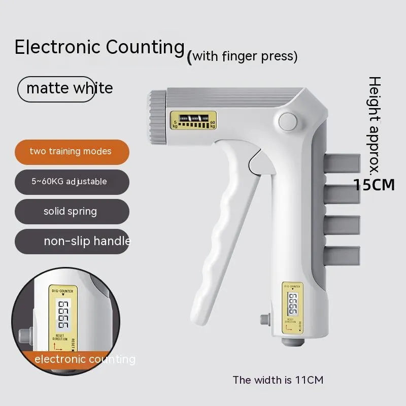White spring grip hand exerciser with electronic counting model on dark background