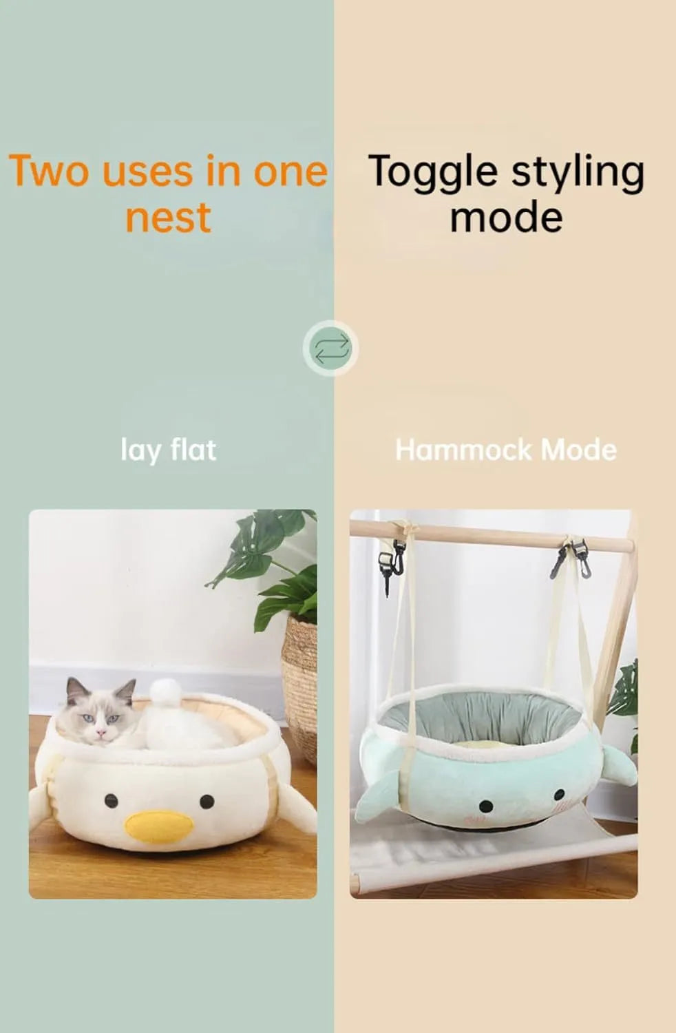 Green chick and dinosaur shaped cat bed shown both flat as a nest and hanging as a hammock for small pets.