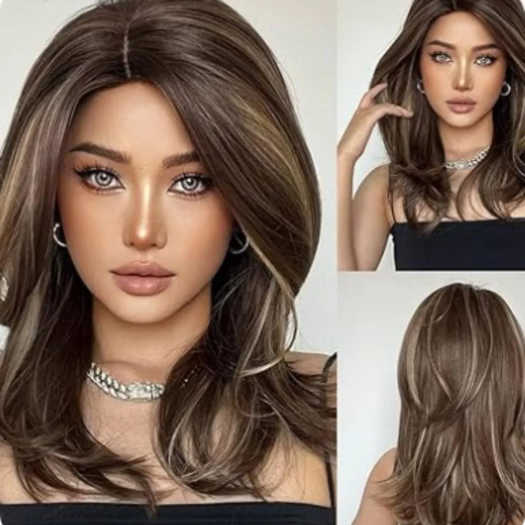 Mid-length curly synthetic wig with platinum gradient colour and long bangs