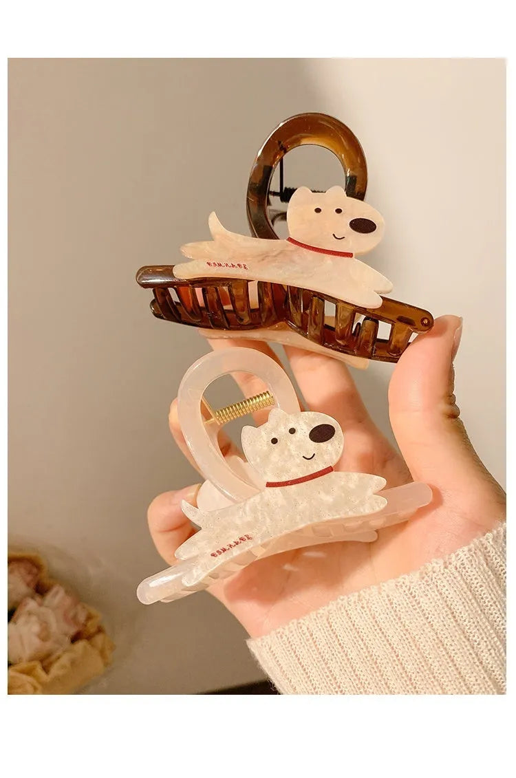 Cartoon puppy hair barrettes with metal spring clasp in beige and brown colours