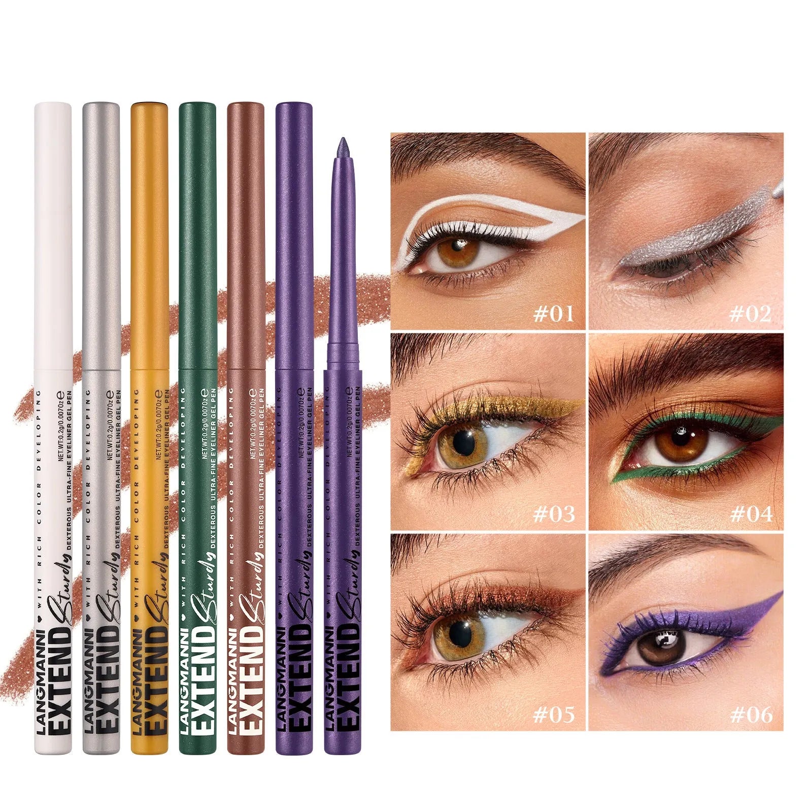 Set of 12 colourful gel eyeliner pencils with glitter, metallic, and matte tips displayed in a case.