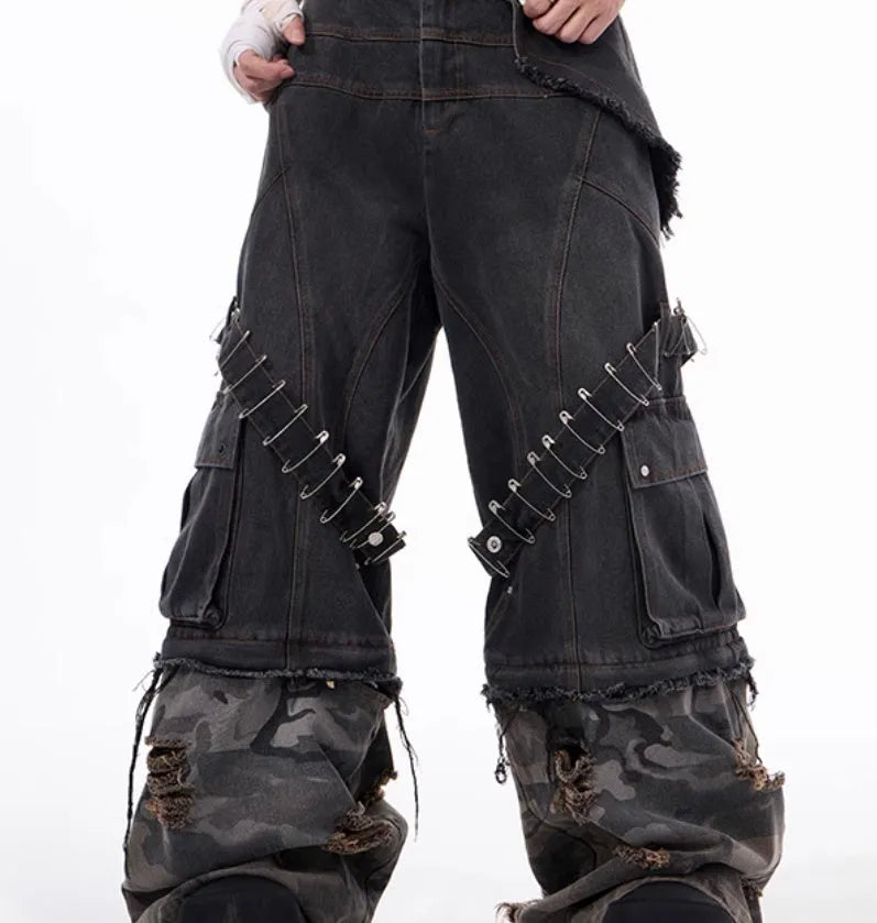 Men's grey camouflage jeans showing pin and ribbon splicing detail on the leg.