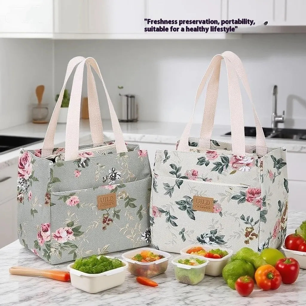 Women's printed canvas tote bag with aluminium frame in a square shape, showing floral and typographic design options.