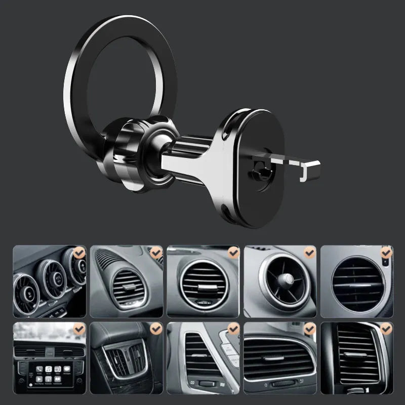 Black magnetic car air vent phone holder with O-ring bracket for 6.8 inch mobile devices
