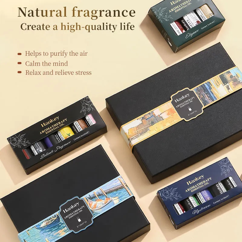 Boxed set of water-soluble aromatherapy essential oil bottles for diffuser use