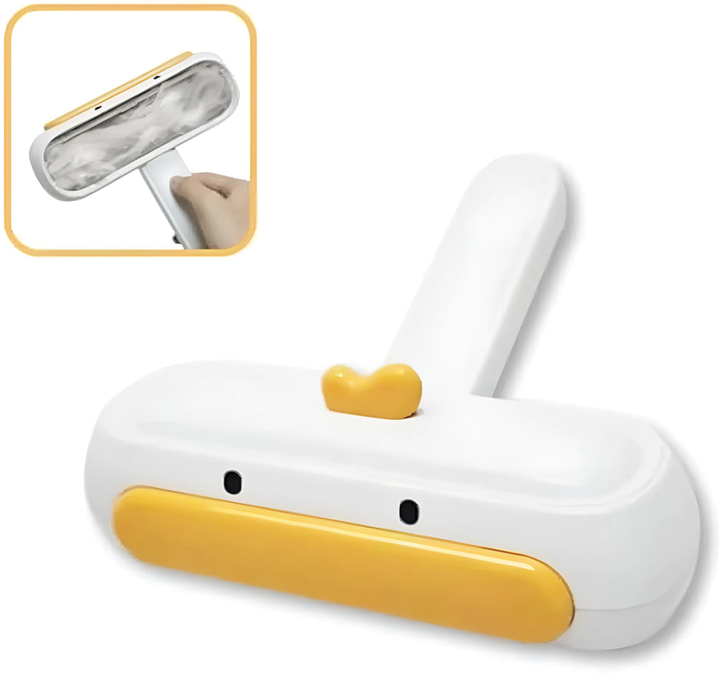White portable pet hair remover roller with yellow duck design and polyester bristles for furniture and car seats