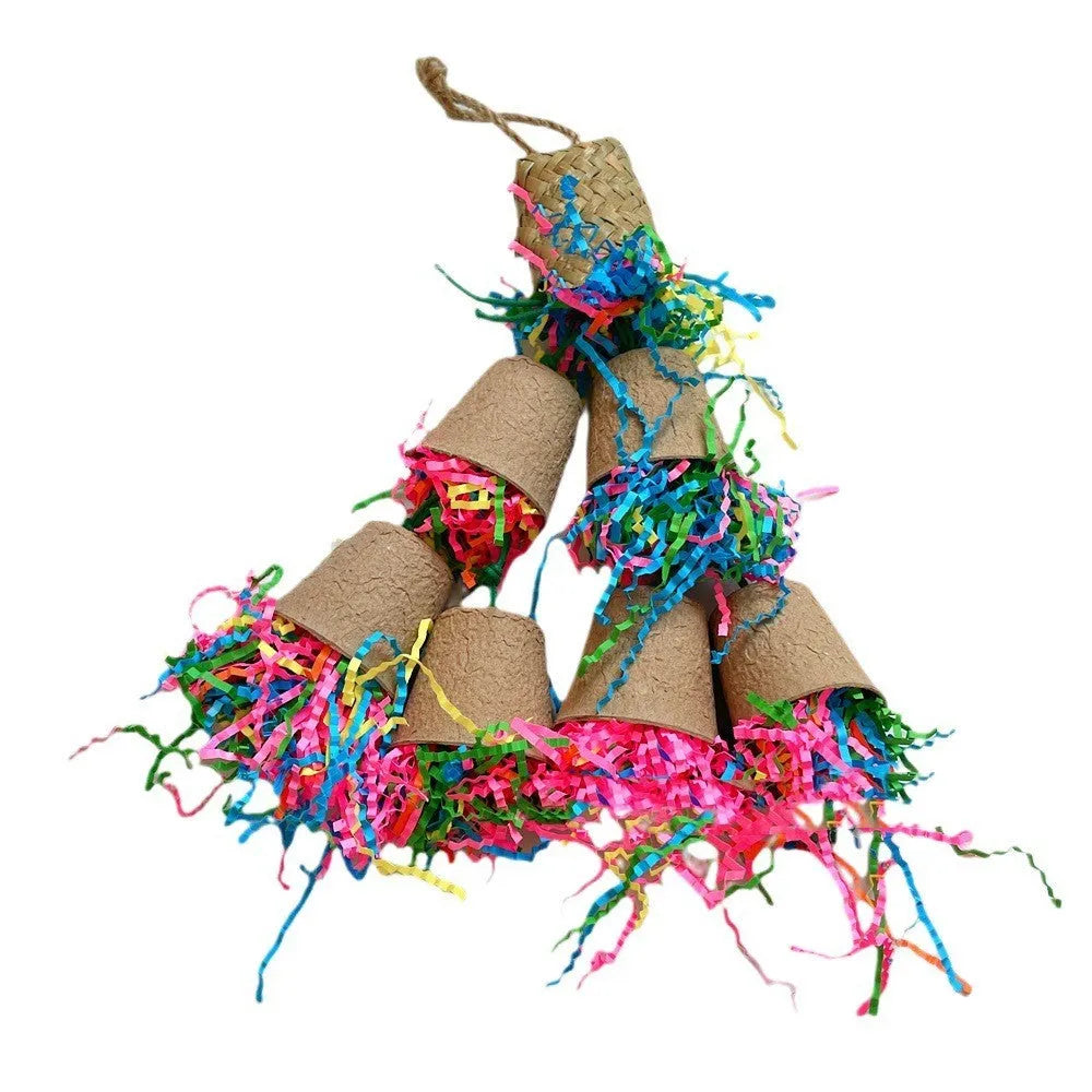 Wood-colour woven paper cup bird gnawing toy hanging at 38cm length