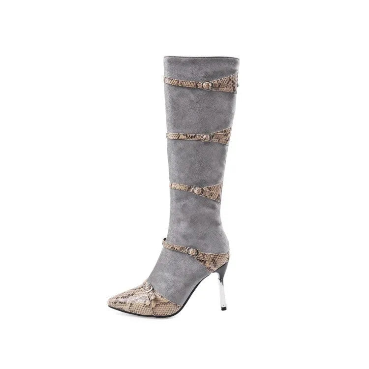 Women's black knee high heeled boots with a 9cm thin heel and velvet lining on a grey background.