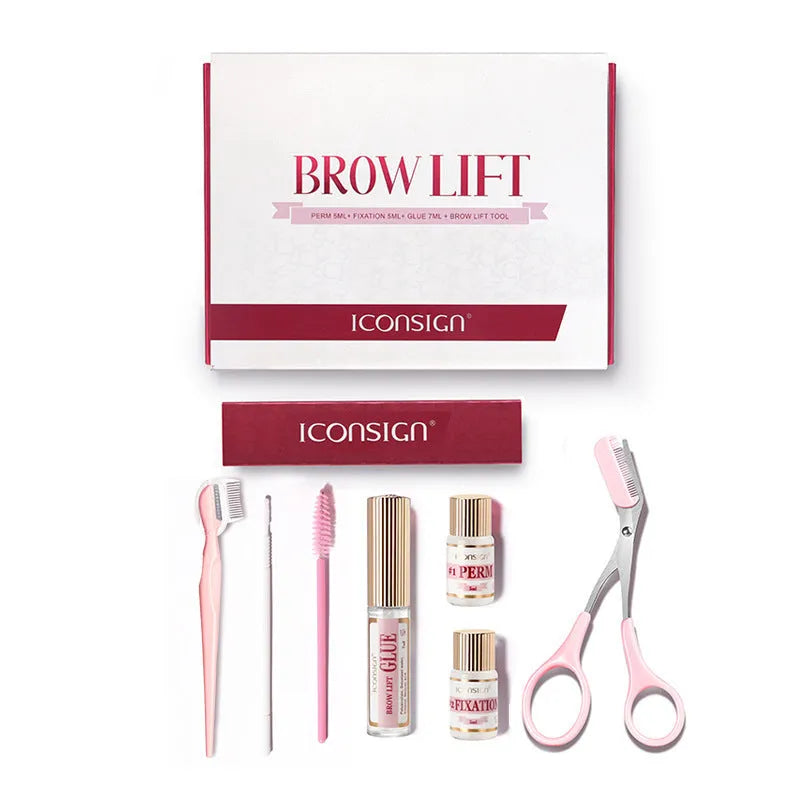 Pink eyebrow quick ironing applicator and complete eyebrow perm set in organised suit-style packaging
