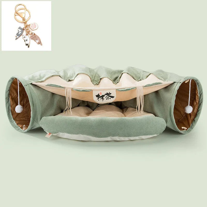 Collapsible blue cloth cat tunnel measuring 45cm long for indoor feline play