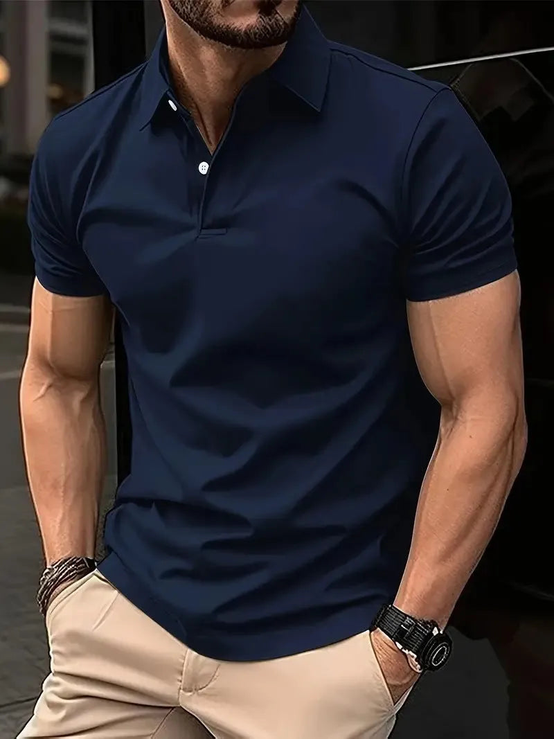 Men's slim fit short sleeve button-up shirt in cotton polyester blend, multiple solid colour options displayed