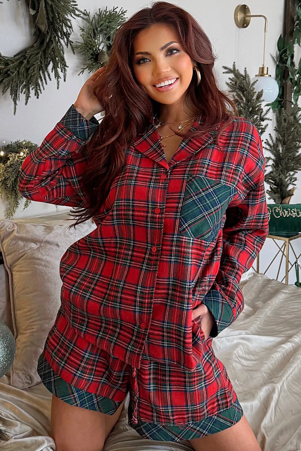 Red Christmas pyjama set with plaid contrast patched long sleeve shirt and matching shorts