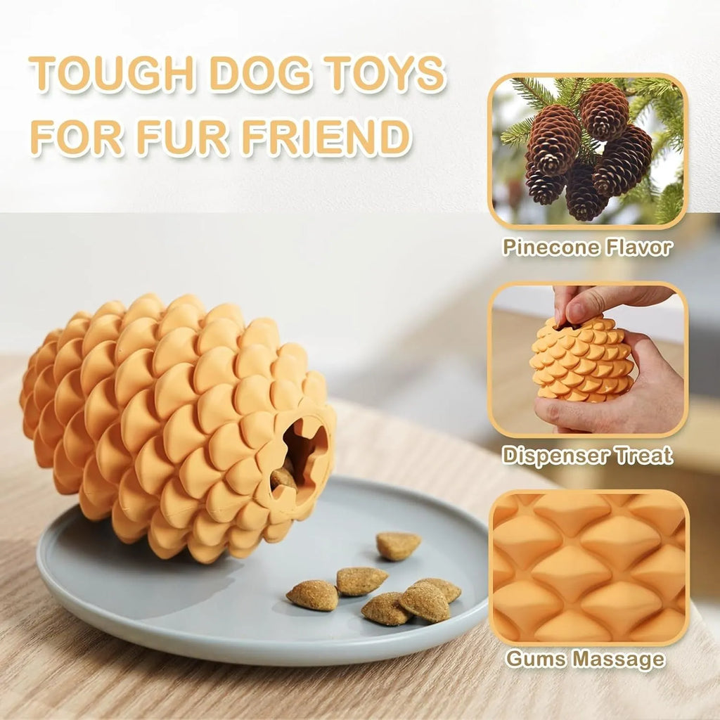 Yellow pine cone shaped rubber dog chew toy with treat dispenser hole