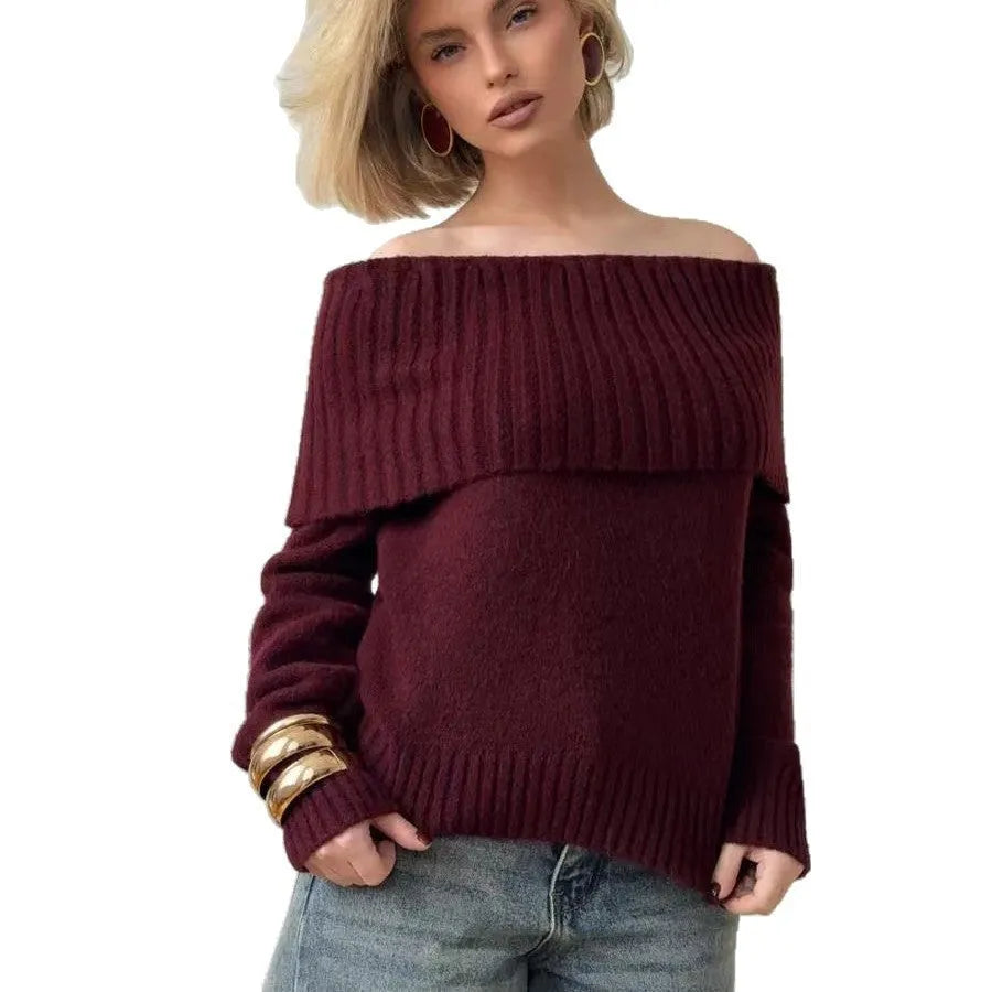 Off-the-shoulder grey sweater with 3D pattern effect and regular sleeves