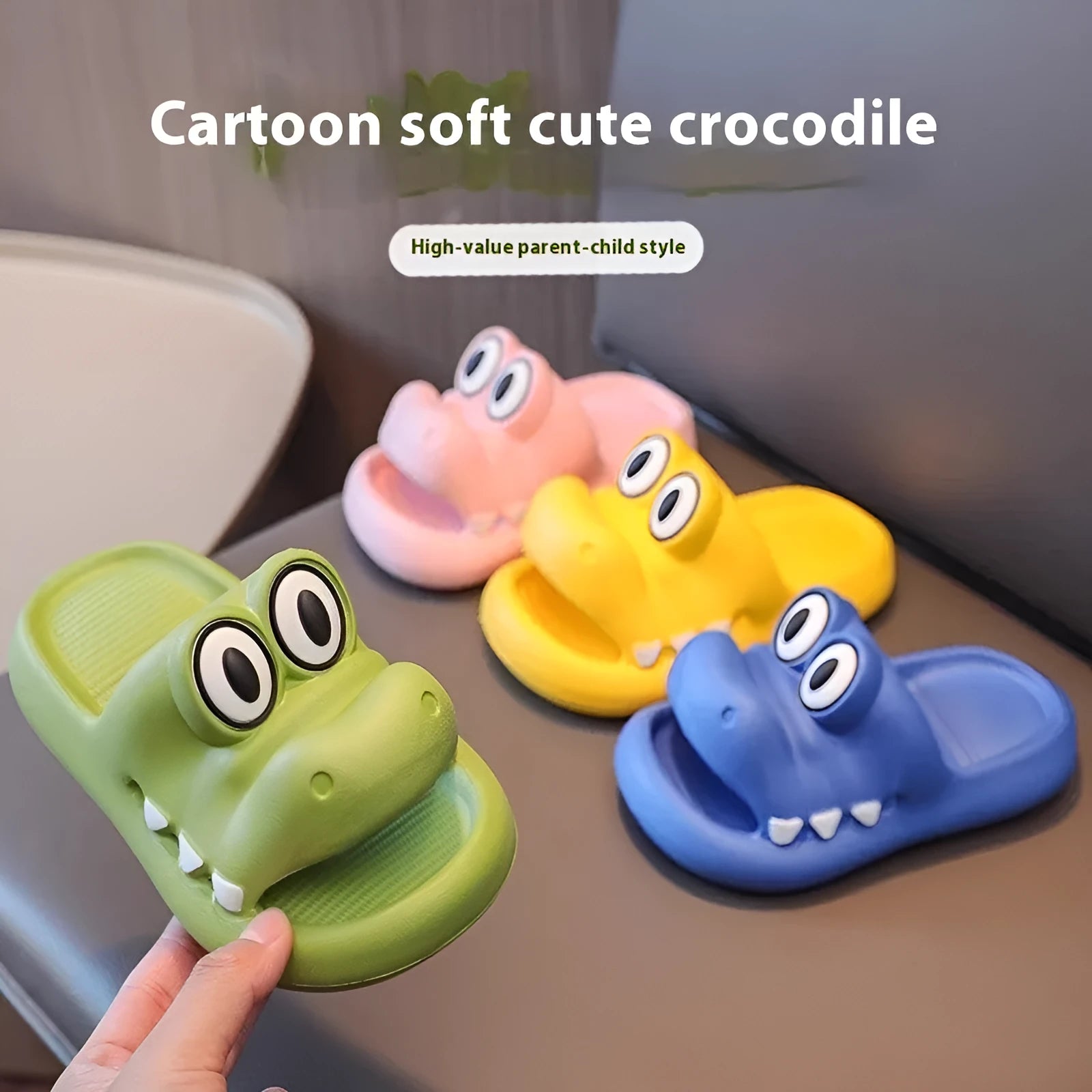 EVA platform parent-child matching sandals in animal print patterns showing pink, green, yellow, and blue colour options