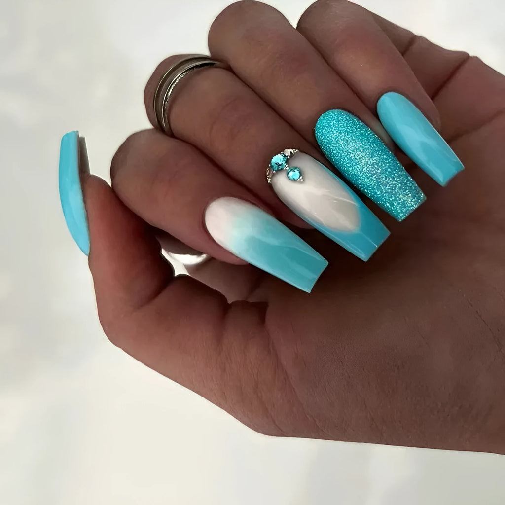 Long ballet artificial nails in solid smart blue diamond colour with adhesive glue
