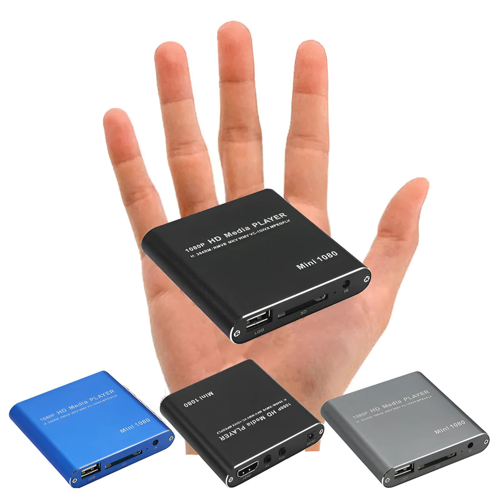 Compact blue media player with remote control showing HDMI port and storage slots