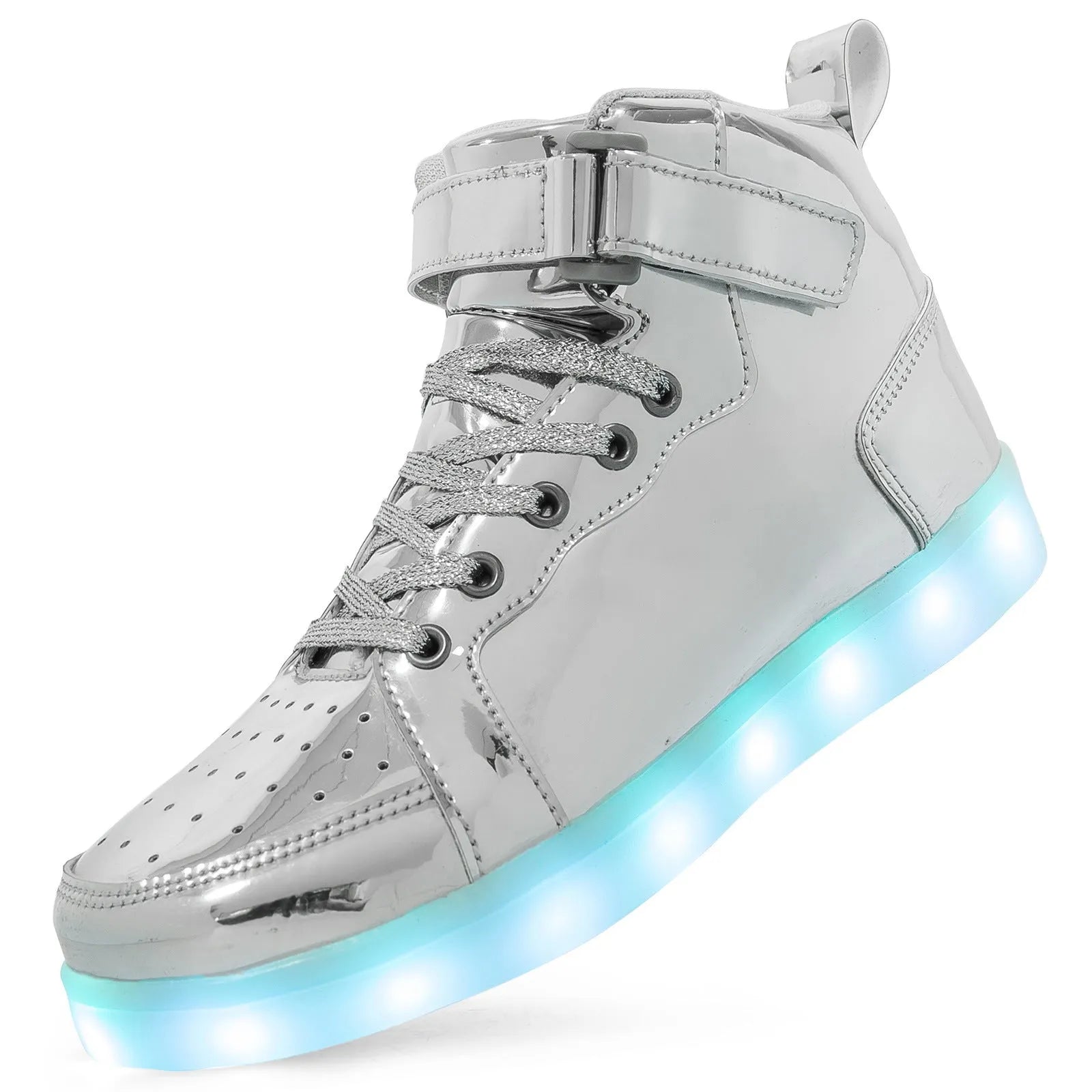 Black LED high-top dance shoes with light-up soles and Velcro strap.