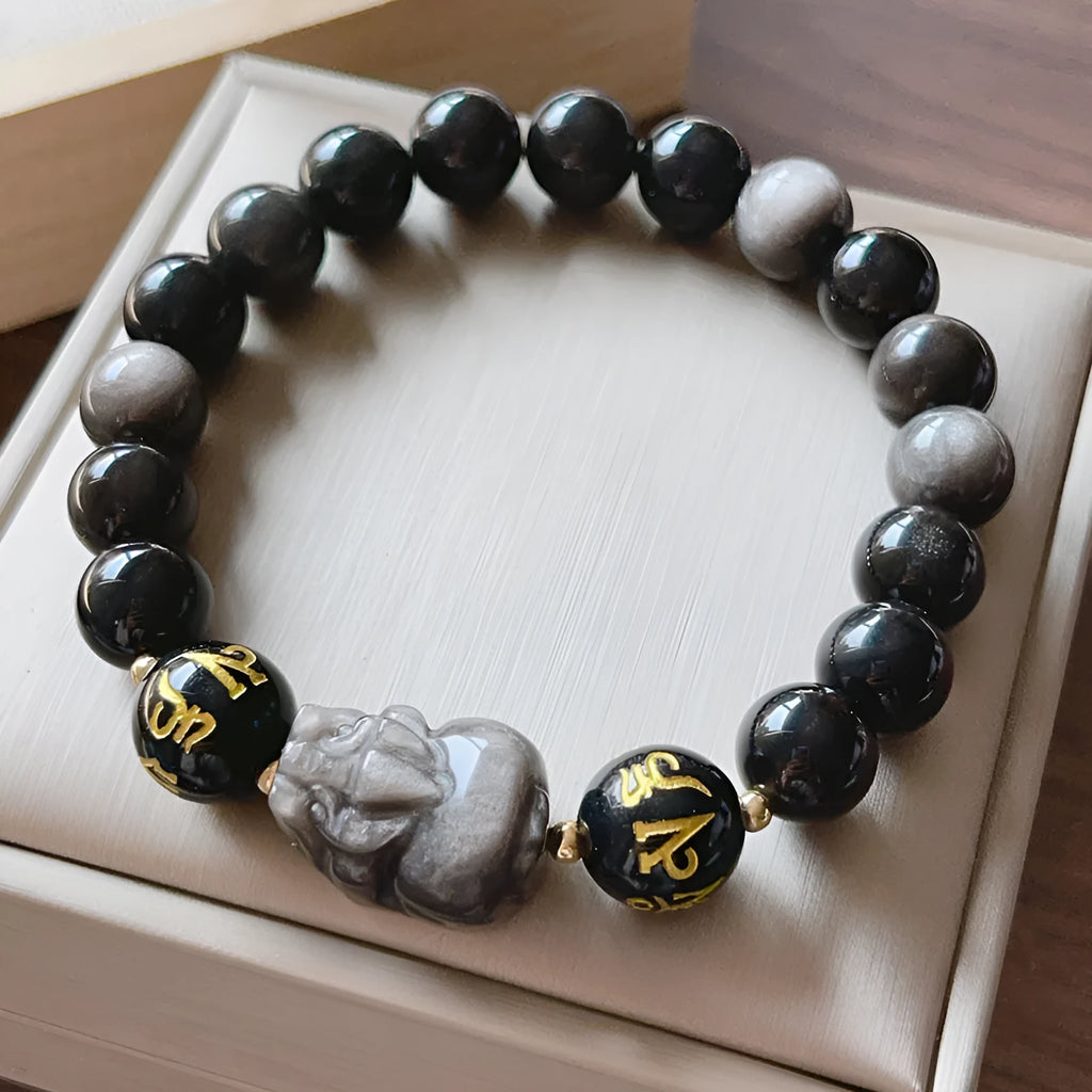 Men's silver stone bracelet with zodiac motifs, anniversary engraving and proverb beads in Chinese style
