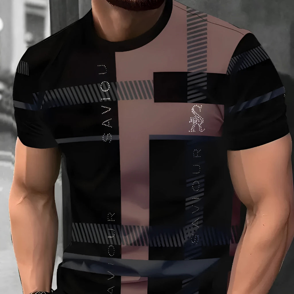Man wearing a loose fit short-sleeved t-shirt with a digital 3D printed striped pattern.