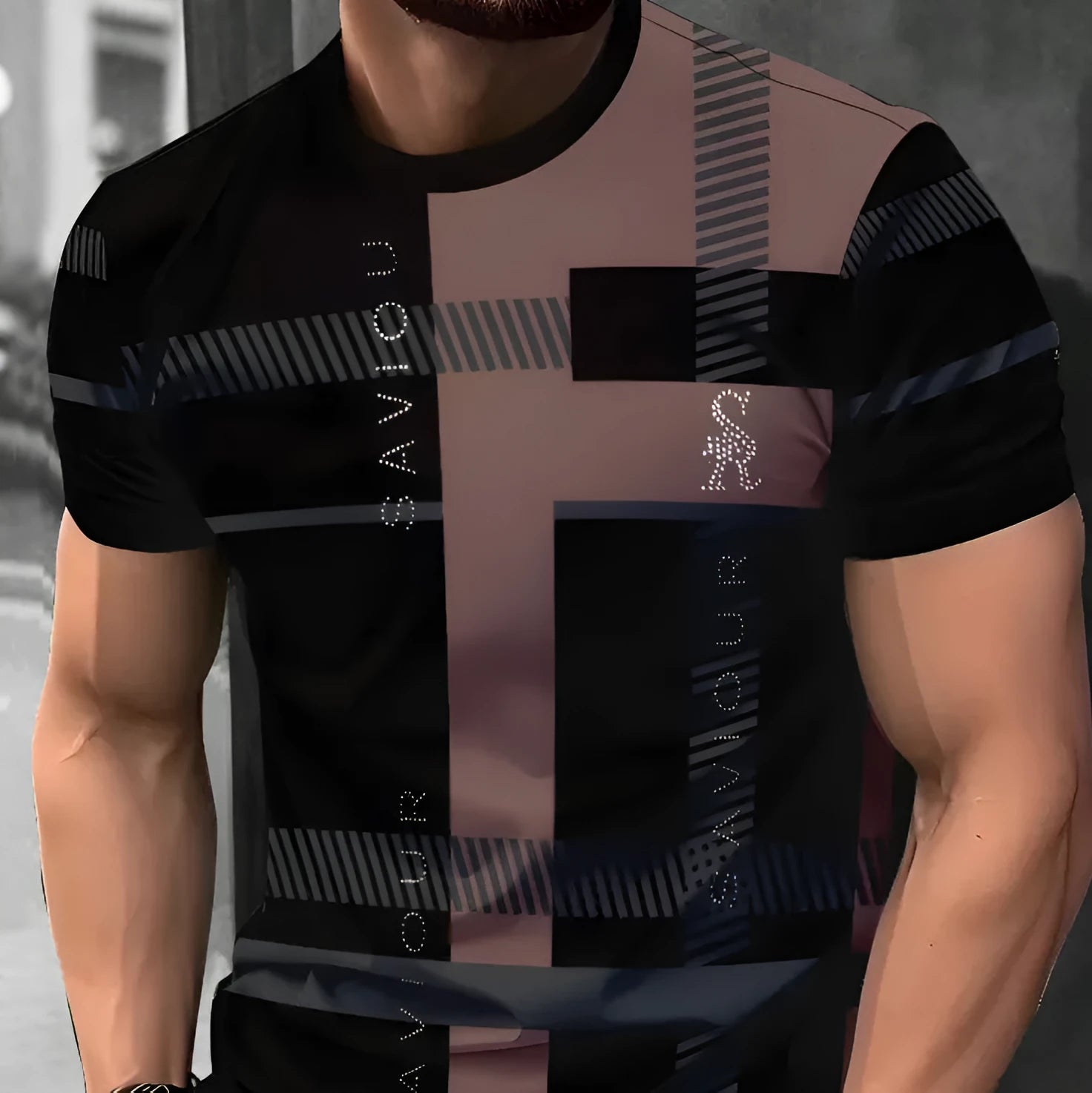 Man wearing a loose fit short-sleeved t-shirt with a digital 3D printed striped pattern.