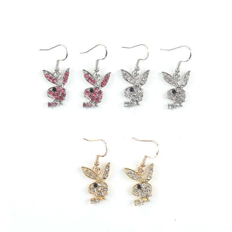 Rabbit stud earrings with diamond decoration in silver, pink, and gold alloy finishes